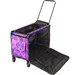 A patterned purple and black collapsible suitcase with a retractable handle and open compartments.