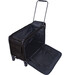 A black rolling cart with an open top and fold-out base, featuring mesh sides and wheels for mobility.