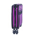 A side view of a collapsed purple suitcase with wheels, featuring a sturdy design and zipper compartments.