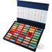 45 wooden spools of thread in a navy blue carrying case