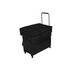 A black wheeled storage cart with a retractable handle and multiple compartments on top and sides.