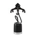 Black garment steamer with a wide hanger and flexible hose, mounted on a sleek base.