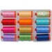 12 colorful spools of thread in a plastic carrying case