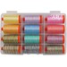 12 colorful spools of variegated thread in a plastic carrying case