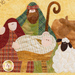 A quilted scene featuring a nativity setup with a baby wrapped in a blanket in a manger, flanked by a mother and father. A sheep stands beside them, along with a brown cow. The background is a soft yellow fabric.