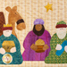 A colorful fabric collage depicting three figures representing the Three Wise Men, each wearing distinct robes and holding gifts, alongside a horse and a star in the background. The scene is set against a light-colored patterned background.