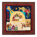 A decorative quilt featuring a nativity scene at the center, with Mary, Joseph, and baby Jesus surrounded by animals. Above them, a large star shines, and angels are depicted in the upper part of the quilt. The background includes hearts and stars, along with the text 