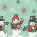 close up of vintage snowmen wearing red and green clothing on an aqua background with red, white, and green snowflakes falling down