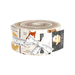 Roll of fabric strips wrapped in a decorative label and ribbon, featuring colorful patterns and prints.