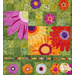 Close up photo of a floral quilt showing applique details of large red, purple and orange daisies with a patchwork green background