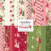 collage of all once upon a christmas layer cake fabrics, in colors ranging from green to off white to pink to red