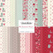 collage of my summer house layer cake fabrics, in shades of red, pink, light blue, gray, and creme in lovely floral and tiled patterns