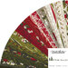 collage of pine valley fabrics in the jelly roll, in warm shades of red, gray, white, and green