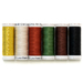 Six spools of thread arranged in a row, featuring colors: glittery gold, cream, rust orange, dark green, brown, and black.