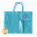 The front of the teal tote, showing three vinyl pockets and one long cloth pocket