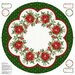 Circle of fabric featuring cardinals, poinsettias, and holly in the greens and reds of Christmas.