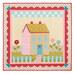 A colorful quilt depicting a colorful house with flowers, and a picket fence isolated on a white background.