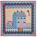 The completed Little Garden House in Summer wall hanging in a blue and red palette from the Creating Memories collection, isolated on a white background.