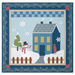 The completed Little Garden House in Winter wall hanging in a soft winter palette of navy, blue, and white, isolated on a white background.