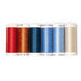 Six spools of thread in red, orange, navy, blue, light blue, and cream, isolated on a white background.
