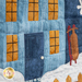 A close-up image of a quilted fabric design featuring a blue house with four windows and a door, alongside a snow-covered ground and a wooden fence. A wooden sled is leaning against the house.