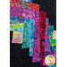 A vibrant patchwork of colorful fabric strips arranged diagonally on a dark background, featuring various patterns and textures.