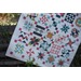 Colorful sampler quilt featuring various geometric patterns and star designs, displayed against a wooden backdrop.