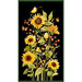 A vibrant arrangement of sunflowers, butterflies, and a yellow bird on a black background.