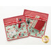 Two sewing organizers are displayed, featuring a floral pattern with red and green colors. Each organizer contains various sewing supplies, including scissors, spools of thread, and rolled fabric pieces.