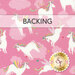 Image of the backing fabric for the Unicorn Love Quilt, a pink fabric with tossed unicorns and clouds and a Shabby Fabrics logo in the bottom right corner.