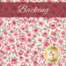 A cream fabric with a pink and tonal cream floral print; at the top, a red banner reads 