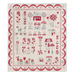 The completed quilt in cream, red, and pale teal blue, isolated on a white background.