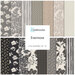 Collage of gray, cream, black, and white patterned fabrics included in the Evermore Collection.