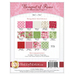 A fabric requirements chart for a Bouquet of Roses patchwork quilt, featuring fabric swatches in various colors and floral patterns, along with a list of required materials and recommended tools. The quilt measures 58.5 by 73.5.