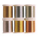 Six spools of metallic thread arranged in two rows. The top row contains silver and grey threads, while the bottom row features shades of gold and bronze. Each spool has a white base.