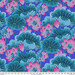 Fabric with bright teal lotus pods and lily pads with magenta lotus flowers on an indigo background.