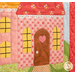 A super close up of the block with a pink house with a red and yellow rooftop, showing fabric and stitching details.