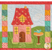 Close up of one block from the "Welcome Home in Spring" quilt showing a pink house with a red scalloped roof and a bird in a bird bath outside.
