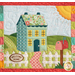 Close up of one block from the "Welcome Home in Spring" quilt showing a teal house with a white picket fence outside; an oval shaped sign on the fence reads "Welcome Home."