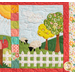 Close up of one block from the "Welcome Home in Spring" quilt showing a grassy hill with trees and two sheep behind a white picket fence.