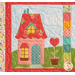Close up of one block from the "Welcome Home in Spring" quilt showing a pink house with a red scalloped roof and a heart plant growing from a planter outside.