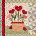 A close up on one of the blocks, showing fabric and stitching detail on a planter full of blooming hearts and bordered by pinwheels.