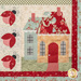 A close up on one of the blocks, showing fabric and stitching detail on a multicolor cottage, bordered by ladybugs.