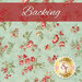 A light teal blue fabric with tossed red florals and green leaves and vines. At the top, a banner reads "Backing" and a golden Shabby Fabrics logo sits in the lower right corner.
