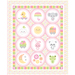 white fabric panel features both a polka dot and striped border surrounding 12 adorable images in circles, including stuffed animals, a sun, the moon, flowers, and a cloud