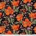 Black fabric with large orange florals, small purple florals, and sprawling loden green vines.