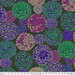 Dark green fabric featuring ornamental plants in green, purple, and magenta.