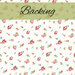 A white fabric with tossed and ditsy rose blooms. A green banner at the top reads "Backing."