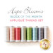 Eight spools of thread arranged in rainbow order, isolated on a white background. Above, a text graphic reads "Hope Blooms Block of the Month Applique Thread Set."