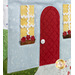 A super close up on the yellow windows and red door of a blue house block, demonstrating fabric, embellishment, and topstitching details.